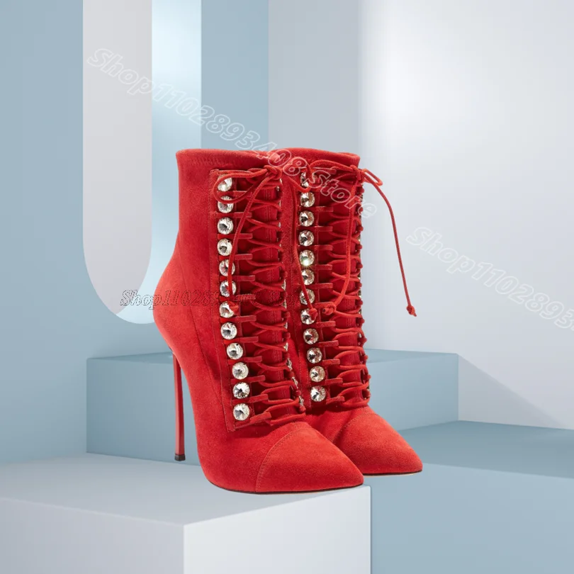 

Red Rhinestone Decor Flock Boots Pointed Toe Lace up British Style Stylish Women Party Dress Short Boots Zapatos Para Mujere