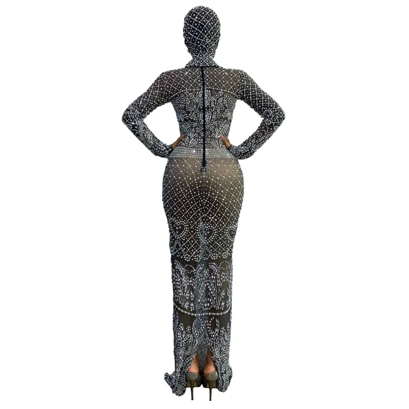 Damskie Sukienki Wieczorowe z Długim Rękawem, Całe w Dżetach i Perłach, Sukienka na Uroczystość, Ubranie na Przyjęcie Urodzinowe, Seksowne Kostiumy Gogo XS7001