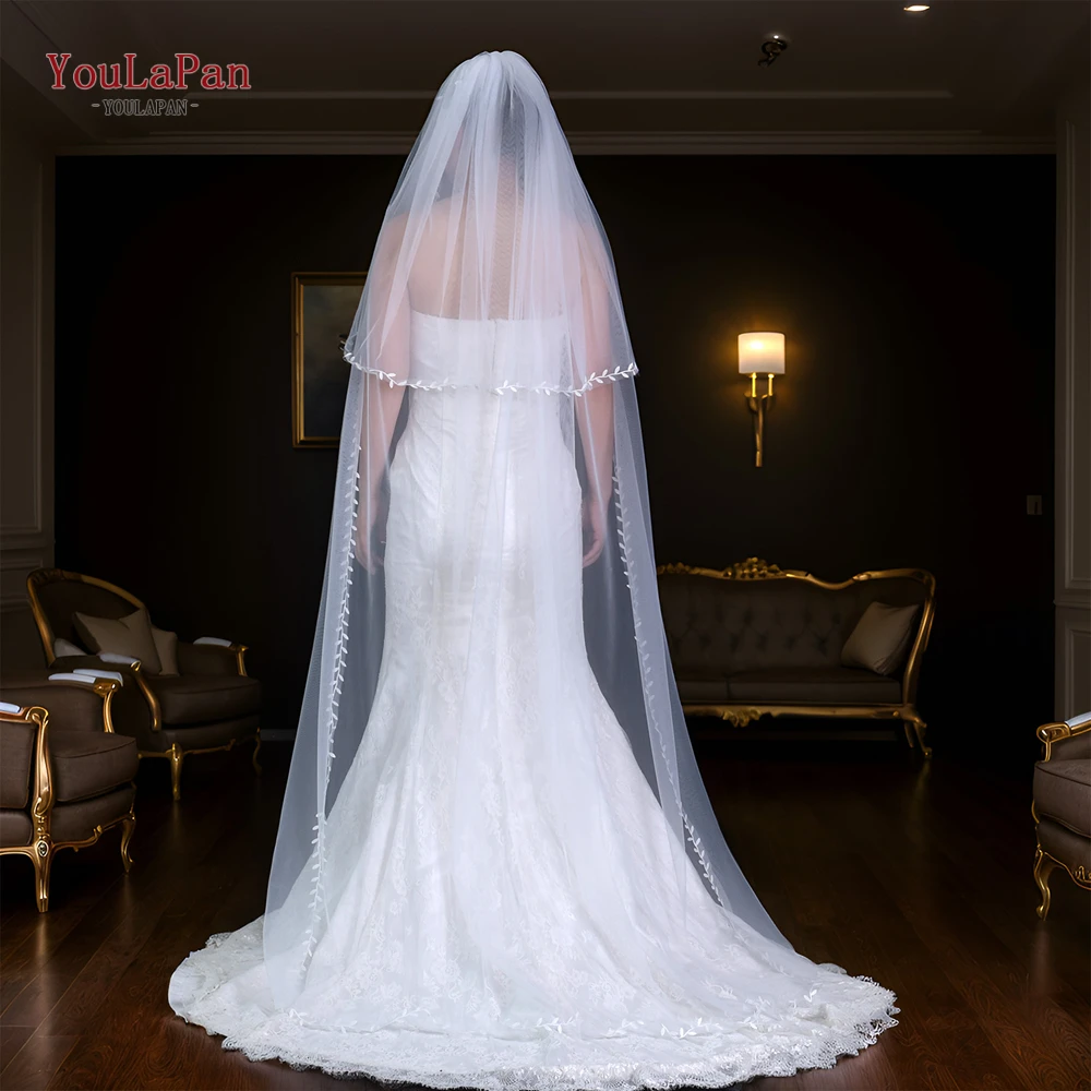 YouLaPan V141 2 Tiers Bridal Veil Elegant Wedding Veil with Blusher French Alencon Lace Cover Front and Back Oval White Bride