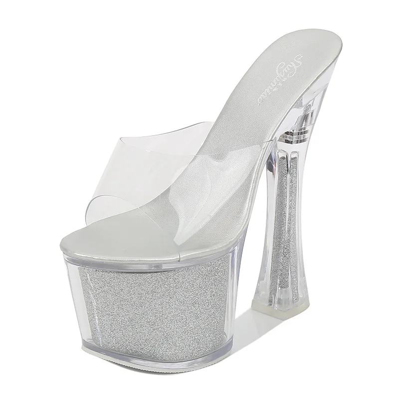 

Women's Clear Transparent Crystal High Heel Sandals, Chunky Block Heel Platform Wedding Club Party Casual Footwear
