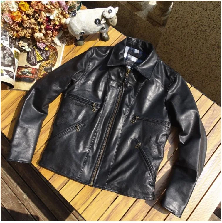 

new Free shipping.2023 Brand Japanese style quality real leather outwear.Men black goatskin coat.Cool Rider leather jacket.