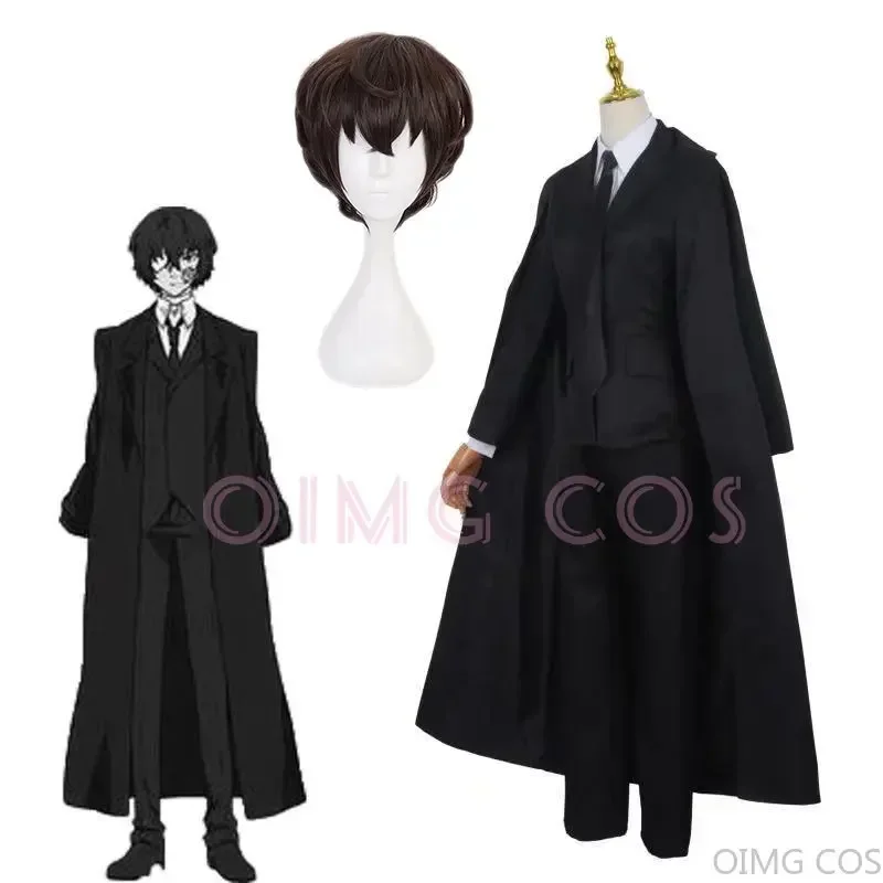 RT01 Dazai Osamu Costume Cosplay Bungo Stray Dogs Uomo e Donna Trench Nero Uniforme Abiti Parrucca Unisex Accessori * JK2