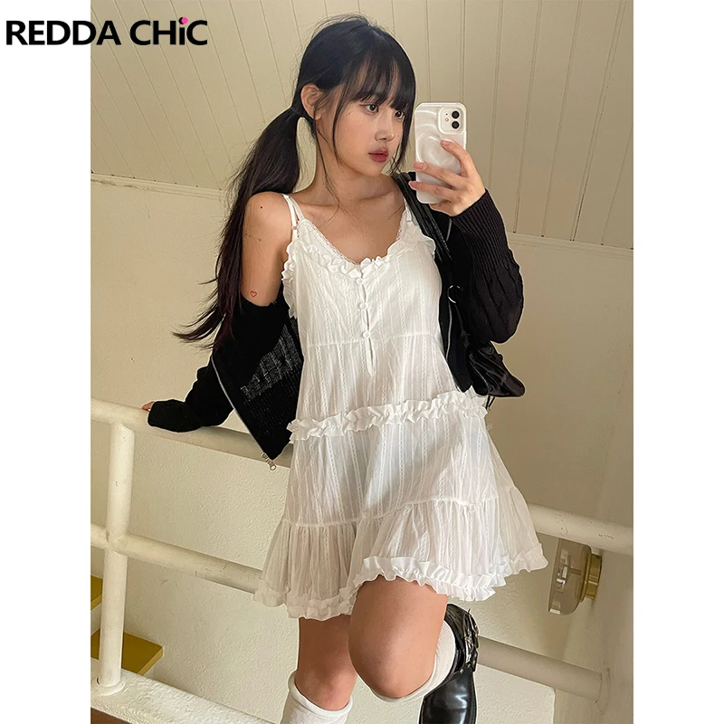 REDDACHIC 레이어드 쉬어 여성 캐미솔 미니 원피스 프릴 브이넥 스파게티 스트랩, 단색 캐주얼 선드레스, 휴일 여름 옷