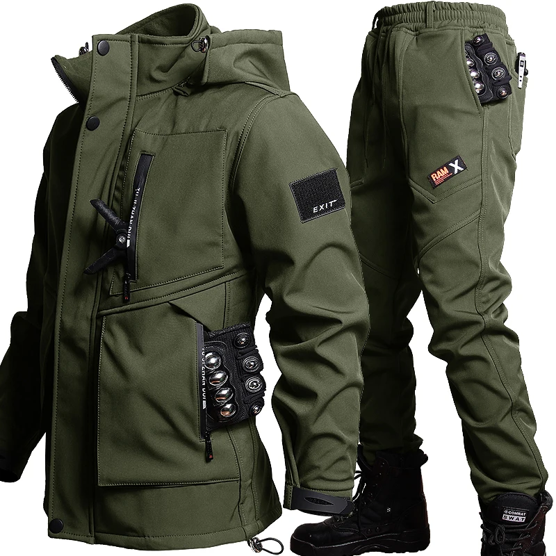 Tactical Waterproof Men Camo Set Soft Shell Fleece Winter Combat Suit Windbreak Warm Multi Pocket Outdoors Training Uniform