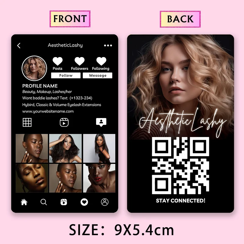 Custom Instagram luxury Business card Print Design Black Golden Social Media QR Code cards Personalized for Hair and nail salon