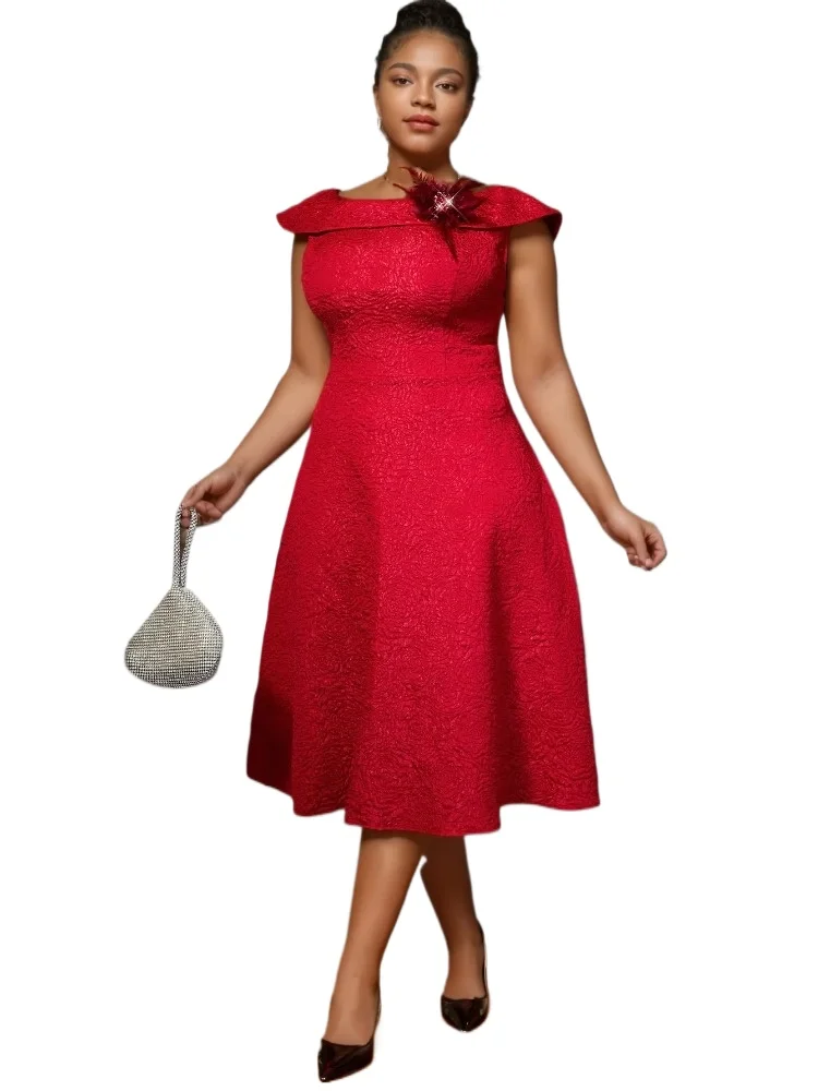 

Red Jacquard A Line Dresses for Women O Neck Sleeveless High Waist Midi Fashion Elegant Cocktail Party Dinner Prom Evening Gowns