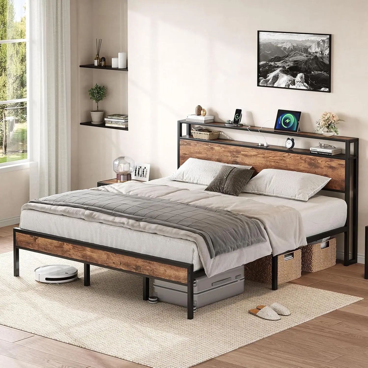 King Size Bed Frame With USB Charging Station & Storage Headboard, Modern Metal Platform Bed With Large Under Bed, Customized