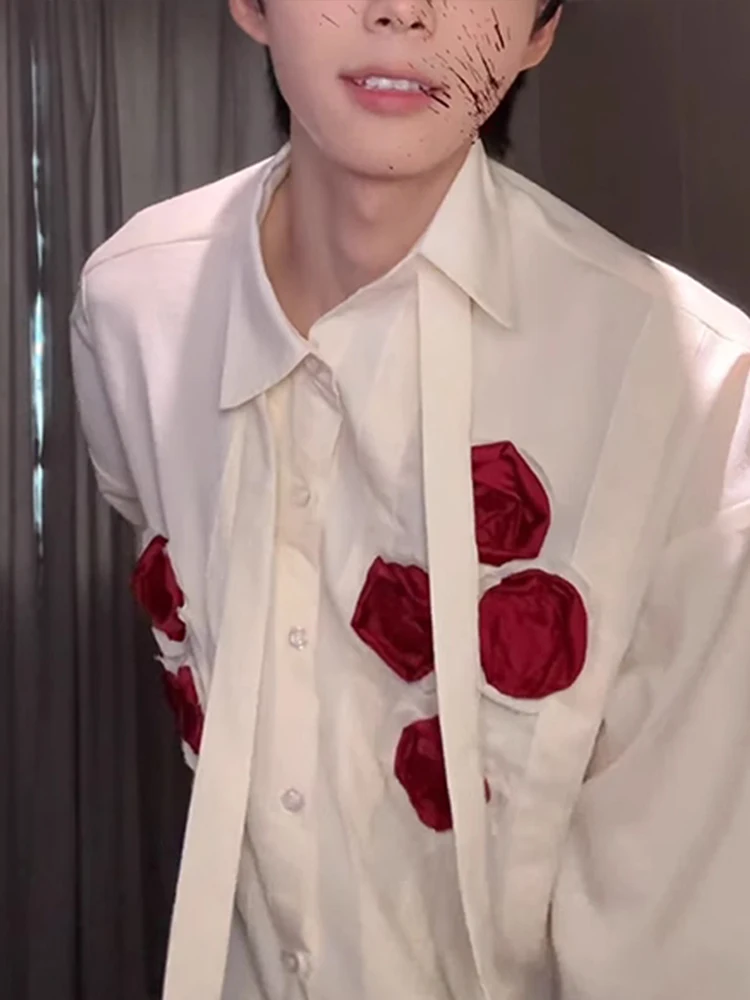 

Sli Men's irt Rose Flower Patchwork Autumn High-End Feeling Cool Haome Outerwear Loose Fit Long Sve Polyester Fiber