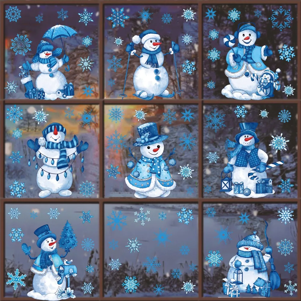 9pcs/set Christmas Ice and Snow Stickers Double-sided Color Printing Santa Claus Sled Snowman Decoration Glass Window Stickers