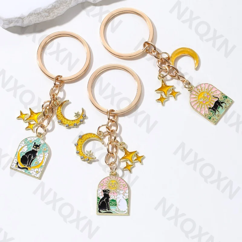 Mysterious Sun Moon Star Cat Enamel Keychain Cartoon Animals Natural Key Ring For Women Men Friendship Gift Handmade Jewlery Set