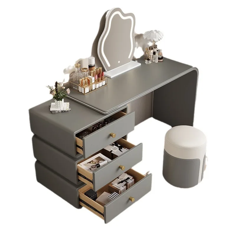 مكتب إيطالي فاخر بتصميم كريمي من الخشب الصلب بالكامل، مكياج من الجلد الوردي، مرآة متكاملة حديثة وبسيطة للفتيات لغرفة النوم