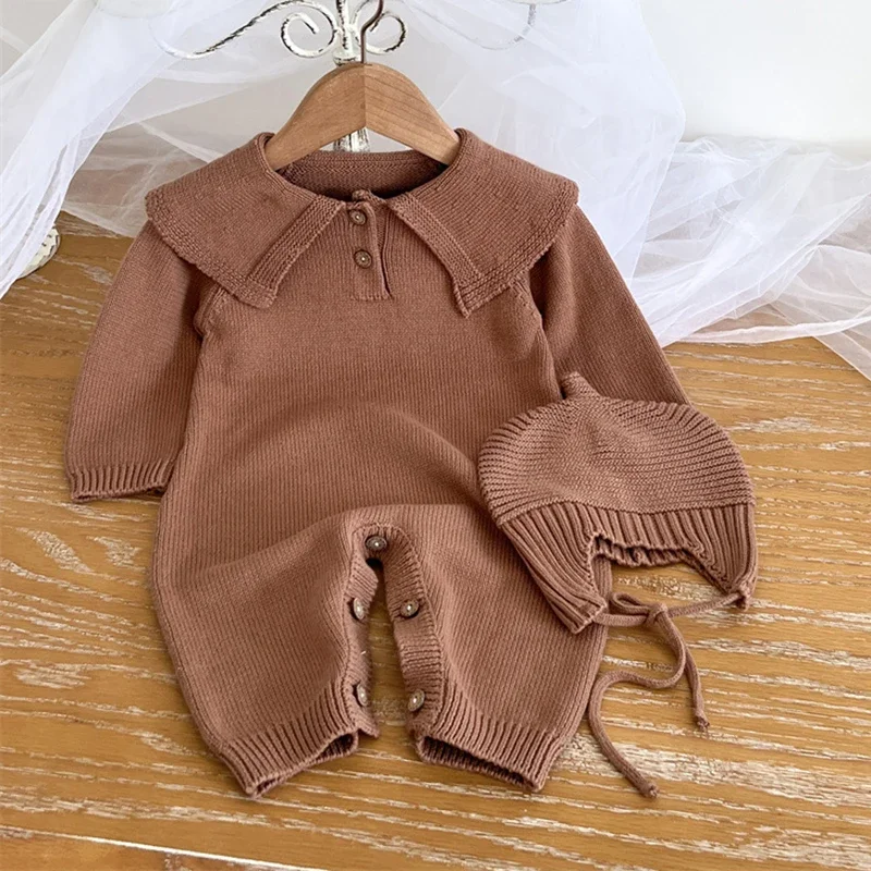 

2024 New Toddler Baby Knitting Romper Autumn Infant Baby Boys Girls Jumpsuit+Hat Long Sleeve Solid Color Baby Knitting Clothing