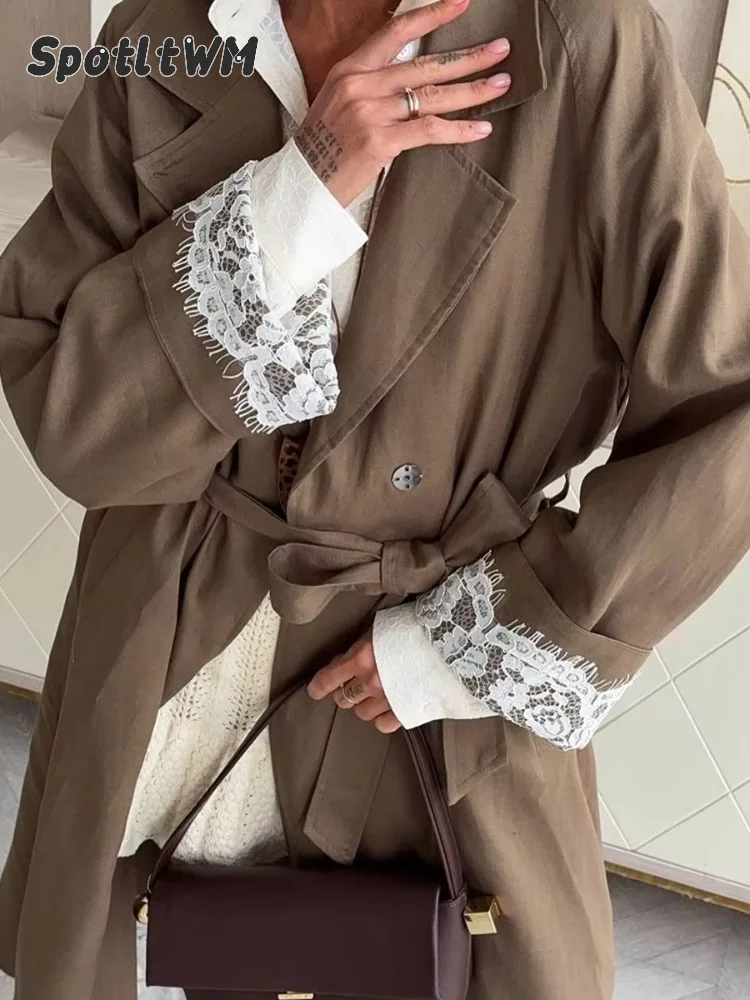 Chic Women Lace Cuff Detail Trench Coats Lady Double Breasted Self Tie Belt Oversized Long Coat Lady Fall Daily Street Outerwear