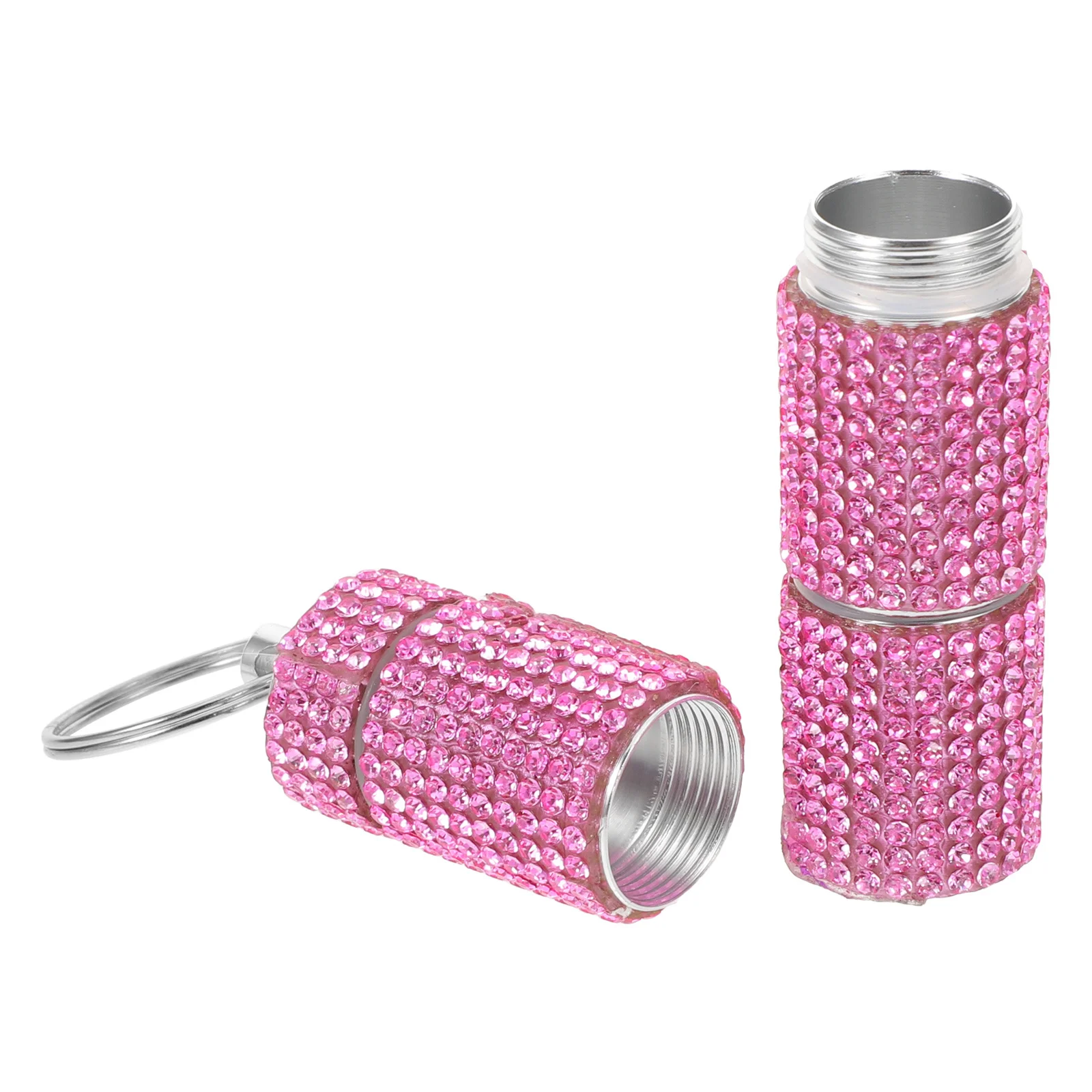 LLavero de pastillero con diamantes de imitación, organizador de medicina portátil de 3 secciones, pastillero de viaje, llavero, pequeño contenedor de Metal para pastillas