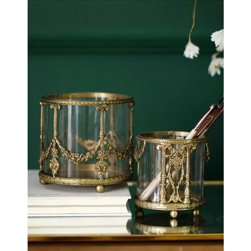 

European retro carved brass glass storage bucket makeup brush pen holder desktop light ornament import
