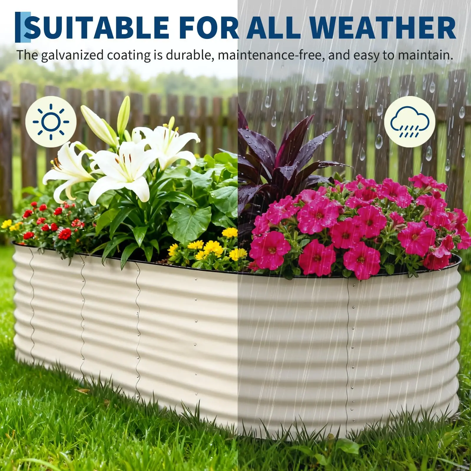 

1PC Heavy-Duty Galvanized Raised Garden Bed – Large Oval Steel Planter Box, Rust & Weather Resistant, Bottomless, Easy Assembly – Beige with Anti-Cut Strips, 240x120x60cm