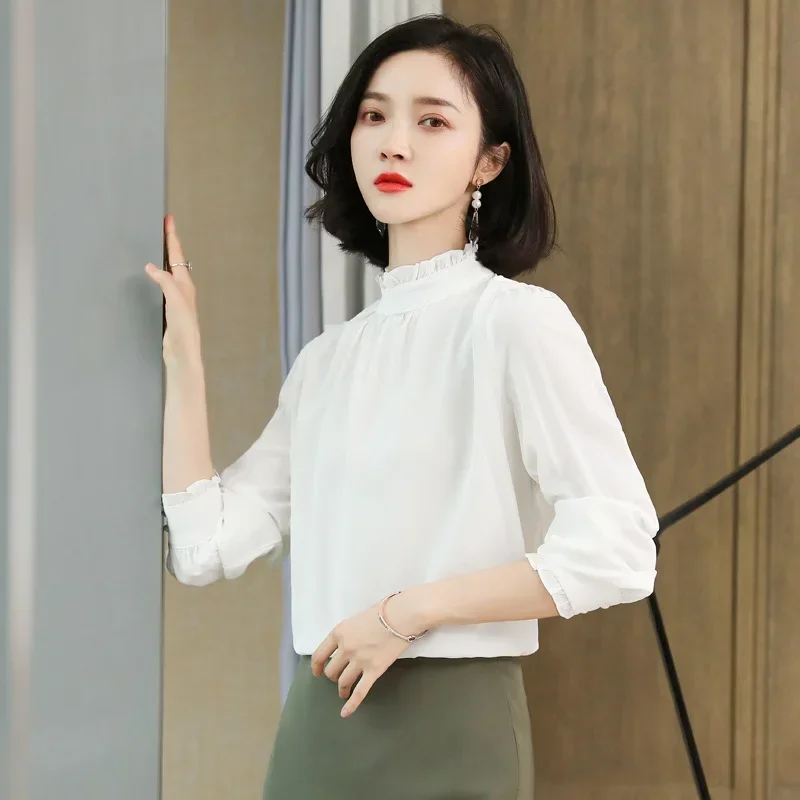 

100% Pure Real Silk Women's Shirt Spring Summer Elegant Stand Collar Long Sleeve Shirts Blouses Female Solid Color Blouse Tops