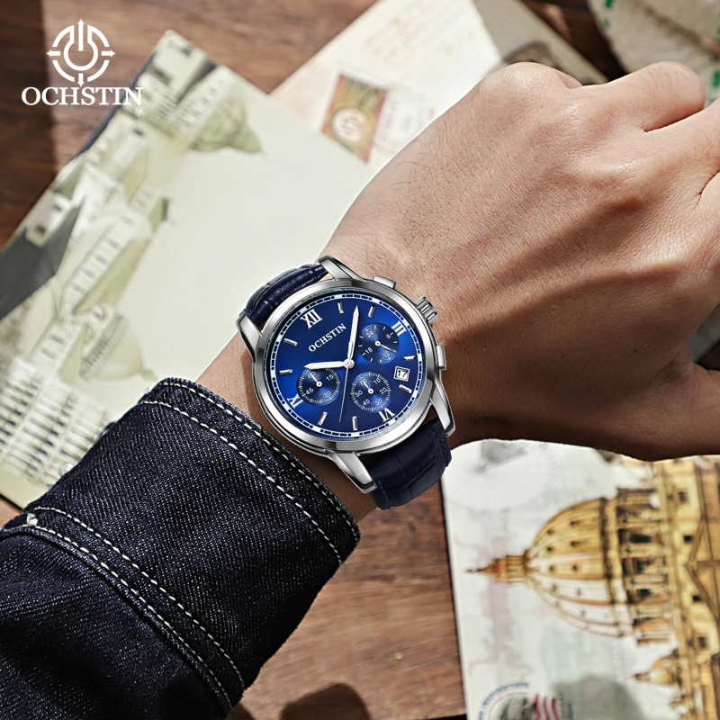 OCHSTIN Prominente Series Multi-functional Quartz Watch Commuter Leisure 30 Meters Life Waterproof Gold Shell Mens Quartz Clock