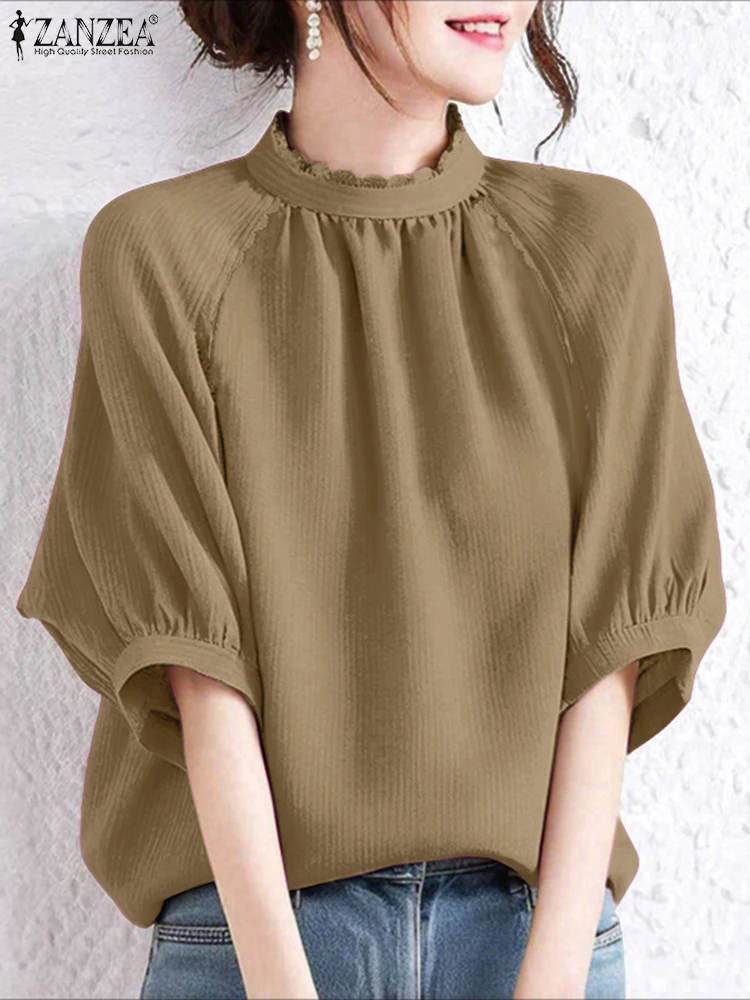 

2025 ZANZEA Office Women Blouse Summer Shirts Elegant 3/4 Sleeve OL Work Tunic Tops Mujer Femme Casual Lace Patchwork Blusas