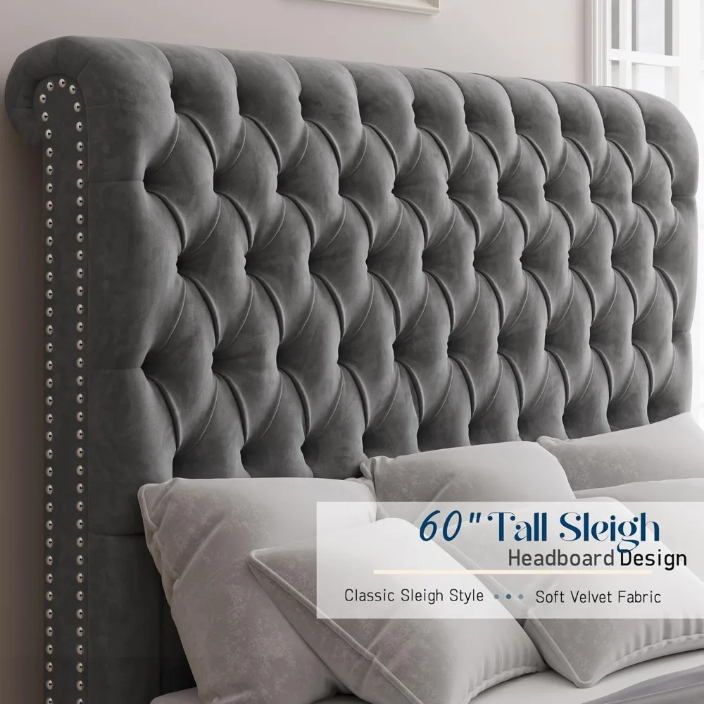 Jocisland Queen-Size-Bettgestell mit Schlittenkopfteil, 152,4 cm hoch, mit Samt gepolstertes Plattformbett, kein Boxspringbett erforderlich, Hellgrau