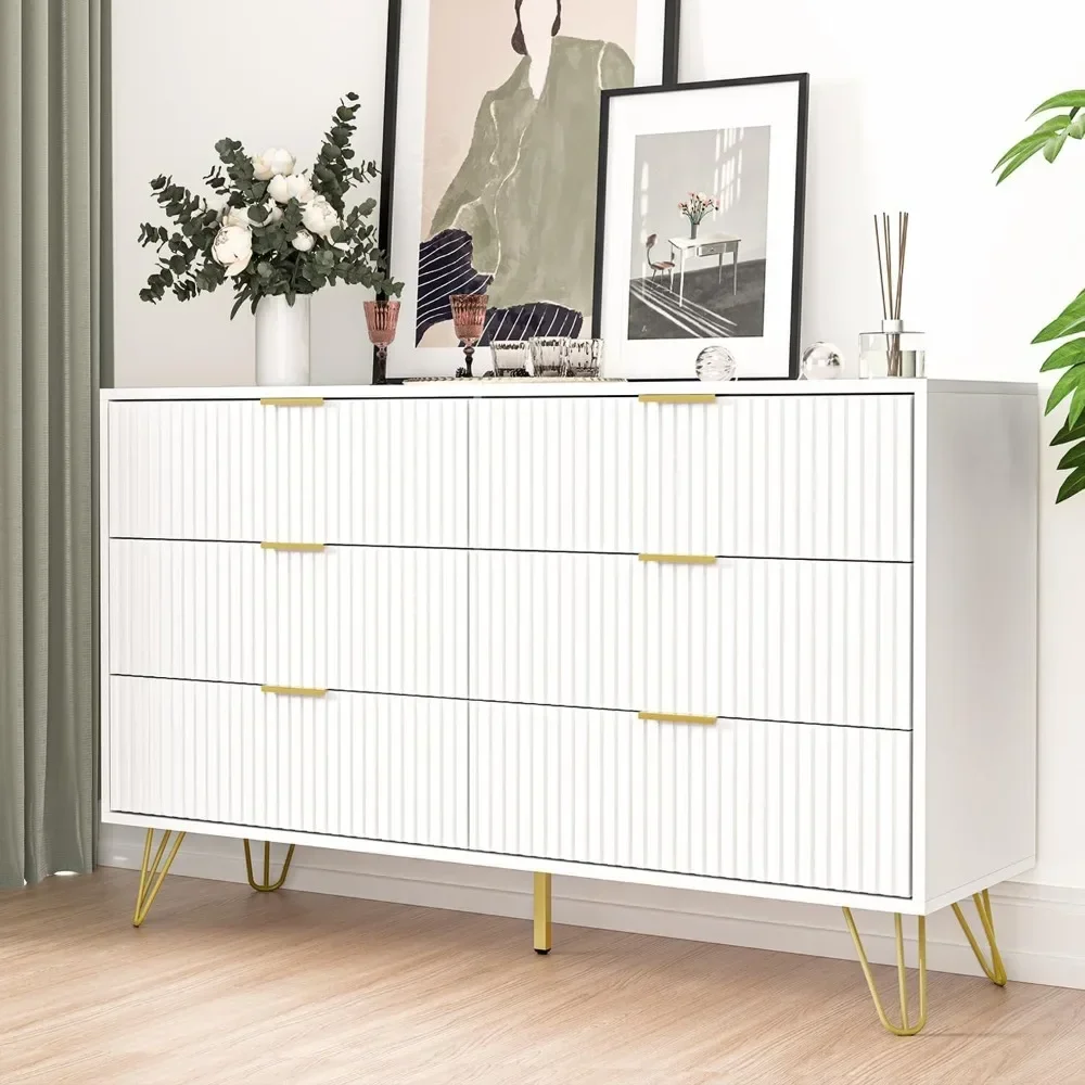 

White Dresser, Modern 6-Drawer Dresser for Bedroom with Gold Handles, Wide Chest of Drawers for Living Room