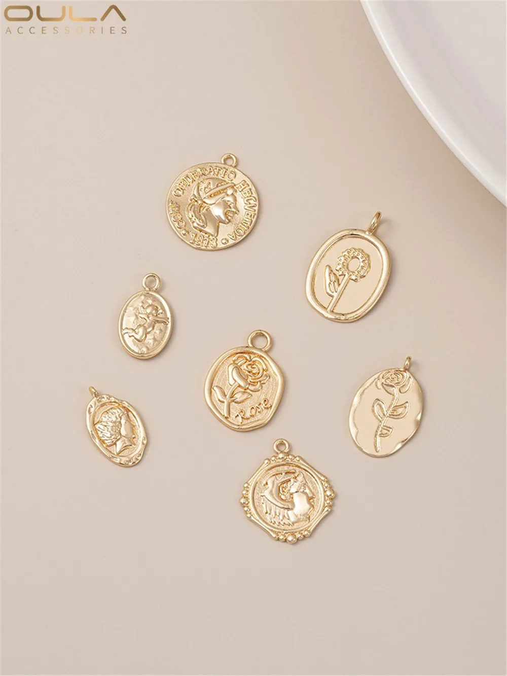 

14K Gold-Color Plated Rose Angel French Retro Pendant Handmade Bracelet Necklace Tag DIY Accessories Set