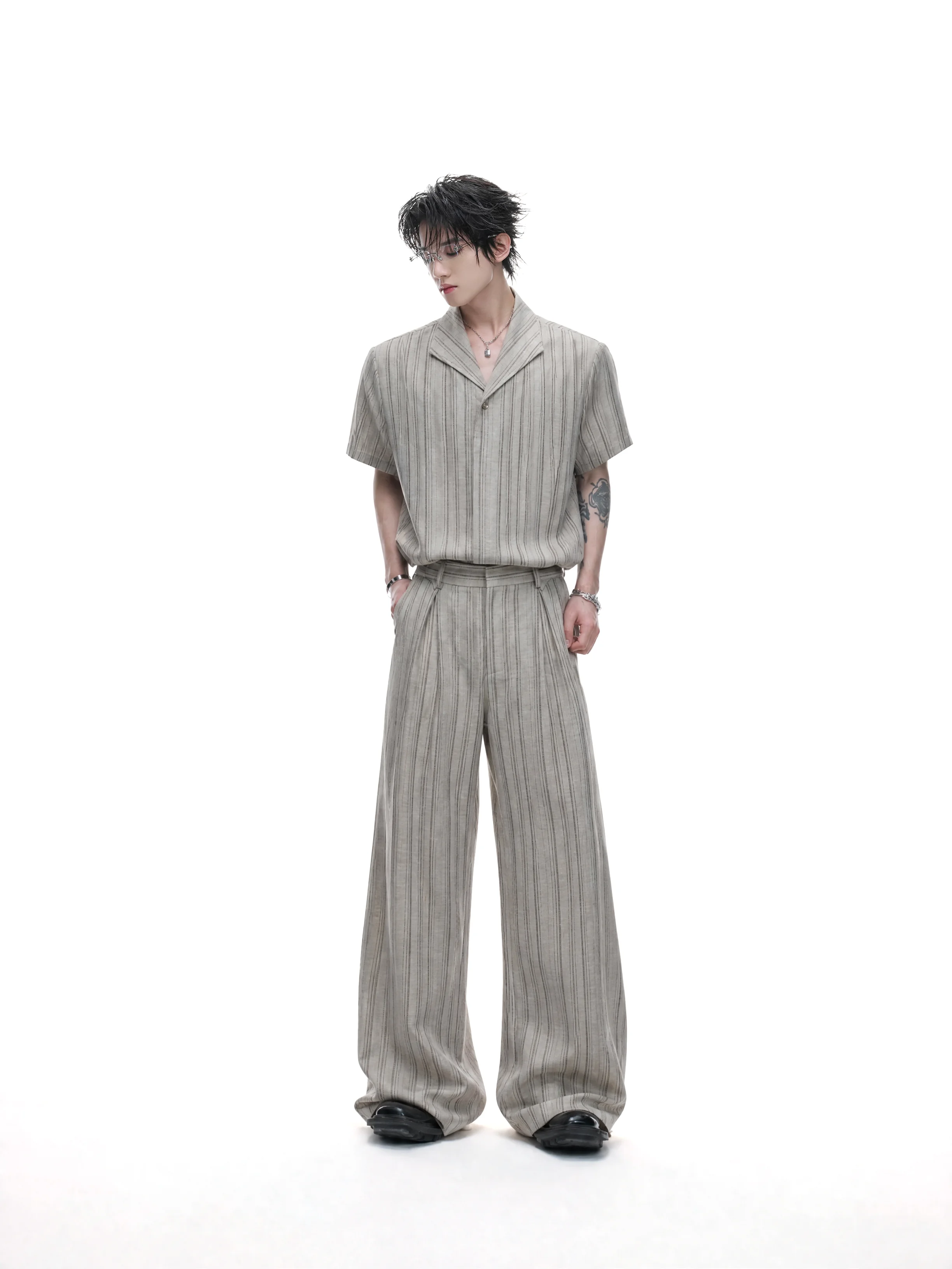 Argue Cuba Collar Half Sleeve Loose Fit Striped Shirt Set Youth Fashion Polyester Cotton Blend Easy Care Summer Collection