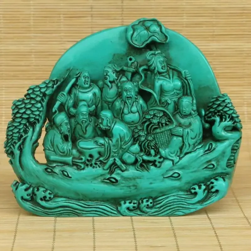 Chinese Natural Turquoise Handcarved Eight Immortals Crossing The Seastatue Collection Ornaments Statues for Decoration