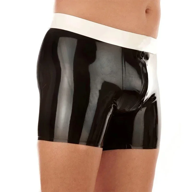 Latex Boxer Black with White Rubber Tigh Shorts Front Crotch Zip Fetish Men Underwear Custom Made