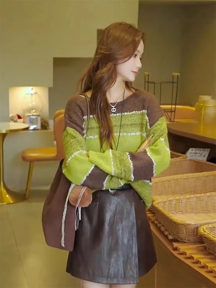 

Свободный женский топ Long Sve round Ne Knitwear een, модный универсальный универсальный топ на осень 2021, корейский топ премиум-класса