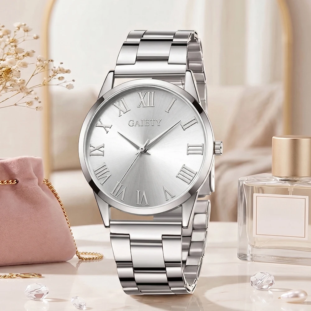 4Pcs/Set Unisex Jewelry Watches Women's Wristwatch Accessories Silver Trendy Fashionable Elegant Classic Exquisite Light Luxury Rhinestone Luxury Roman Numeral Dial Round Dial Quartz Watch Set Y2K Suitable for Travel, Parties, Daily Outfits, Perfect Birthday and Holiday Gift