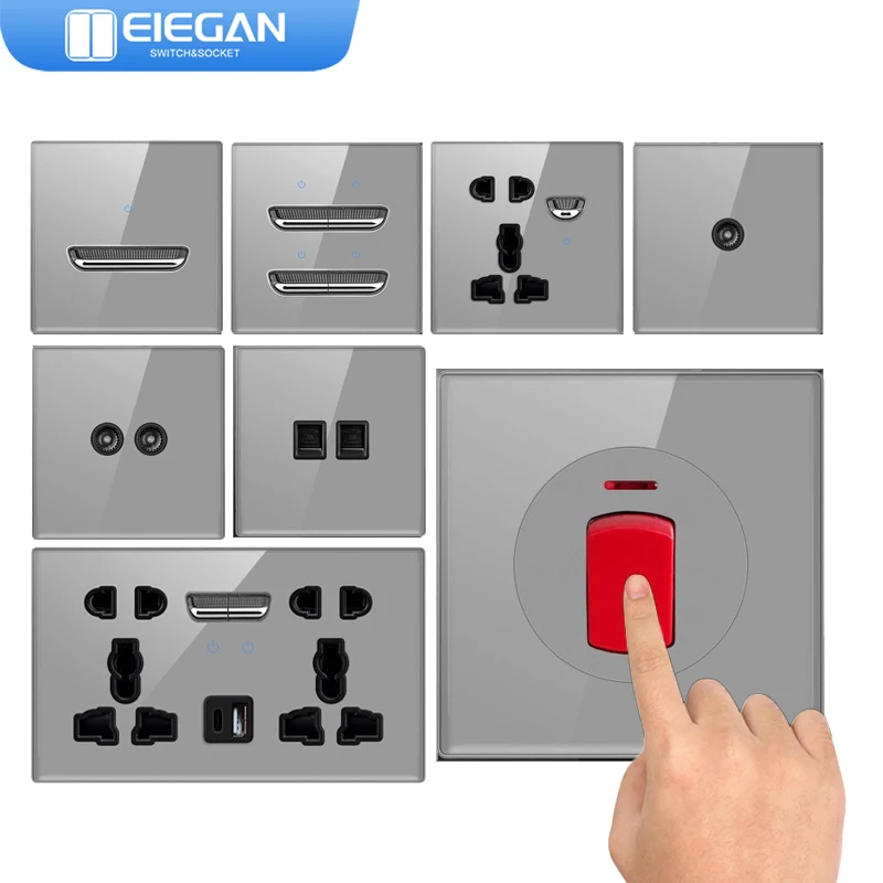 

ELEGAN Grey Wall LED Indicator Light Switch Panel Tempered Glass Self-reset 1/2/3/4 Gang 1Way Switch EU UK Universal USB Socket