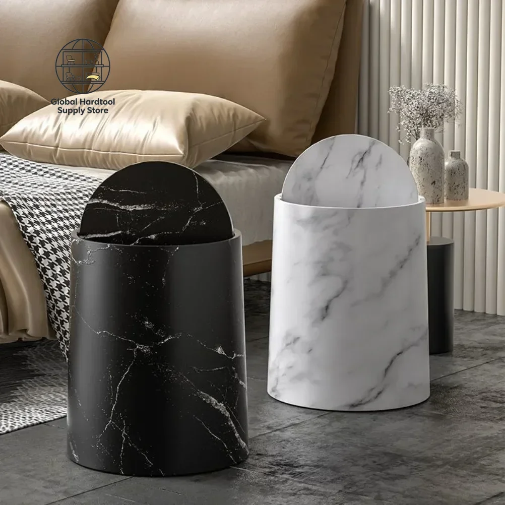 Nordic Marble Texture Trash Can Rolling Cover Type Bedroom Toilet Trash Bin Odor Proof Wastebasket Bathroom Accessories