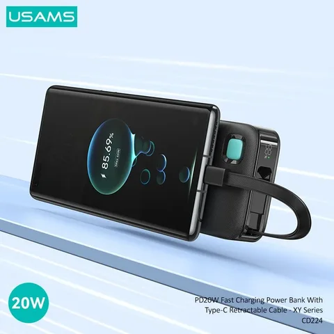 Портативное зарядное устройство USAMS 20W Power Bank 10000mAh с быстрой зарядкой PD, SCP, FCP для телефонов, ноутбуков, планшетов и Mac.