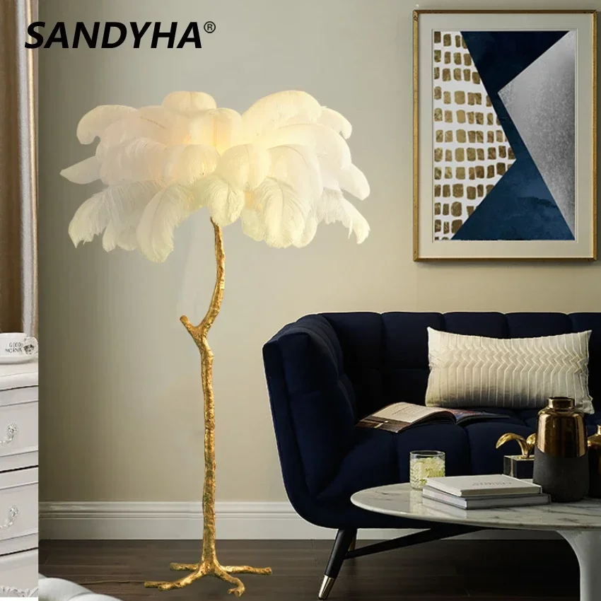 

SANDYHA Modern Luxury Floor Lamp Resin White Ostrich Feathers Designer Standing Salon Living Dinning Bedroom Decorative Lighting