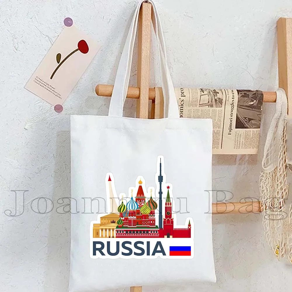 Russian Doll Girl Matryoshka Bear Folk Flower Travel Moscow Kremlin Russia Flag Canvas Shoulder Tote Bag Shopper Cotton Handbag