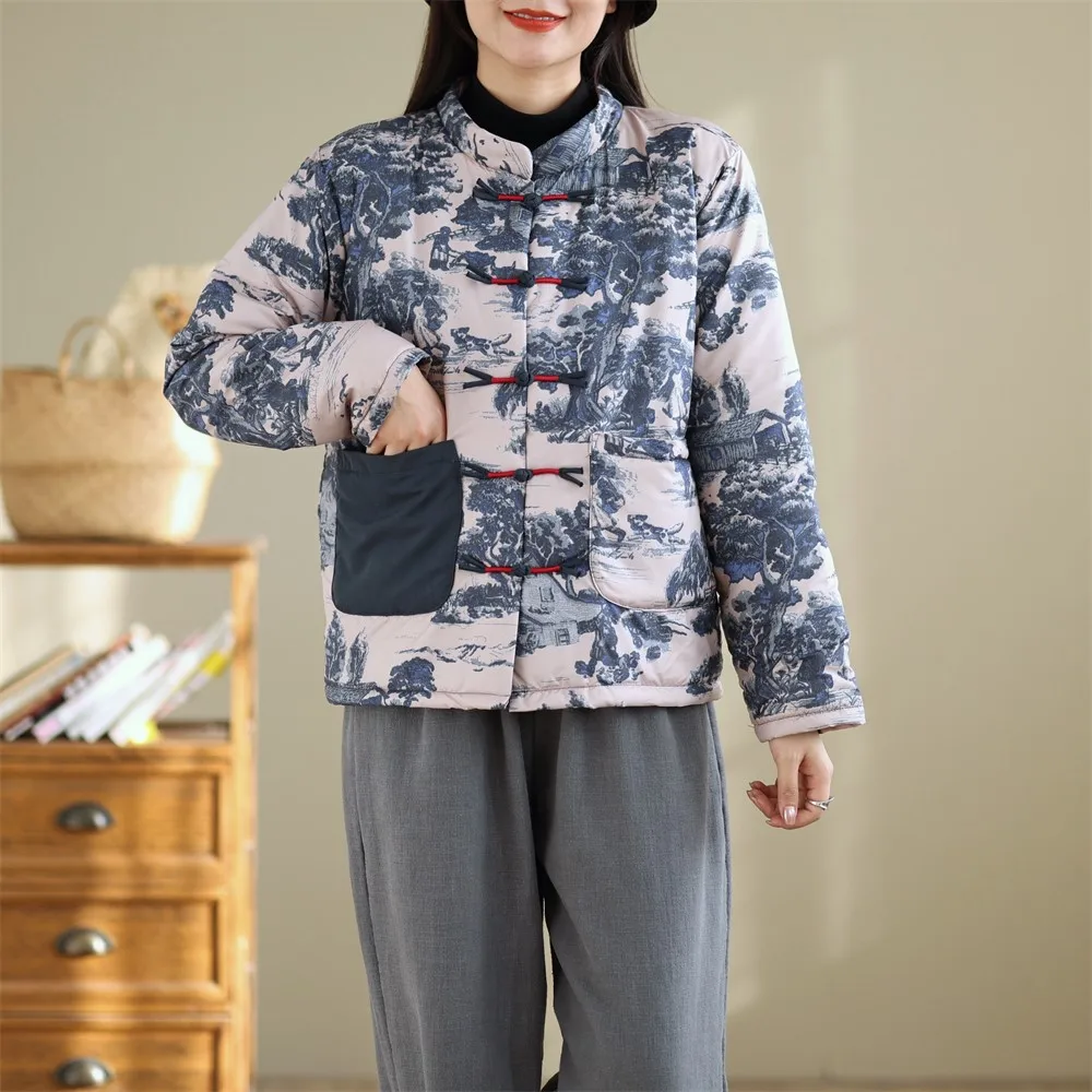 Winter New Loose Cotton Jacket Women's Small Stand Collar Long Sleeve Retro Button Print Cotton Coat Outerwear