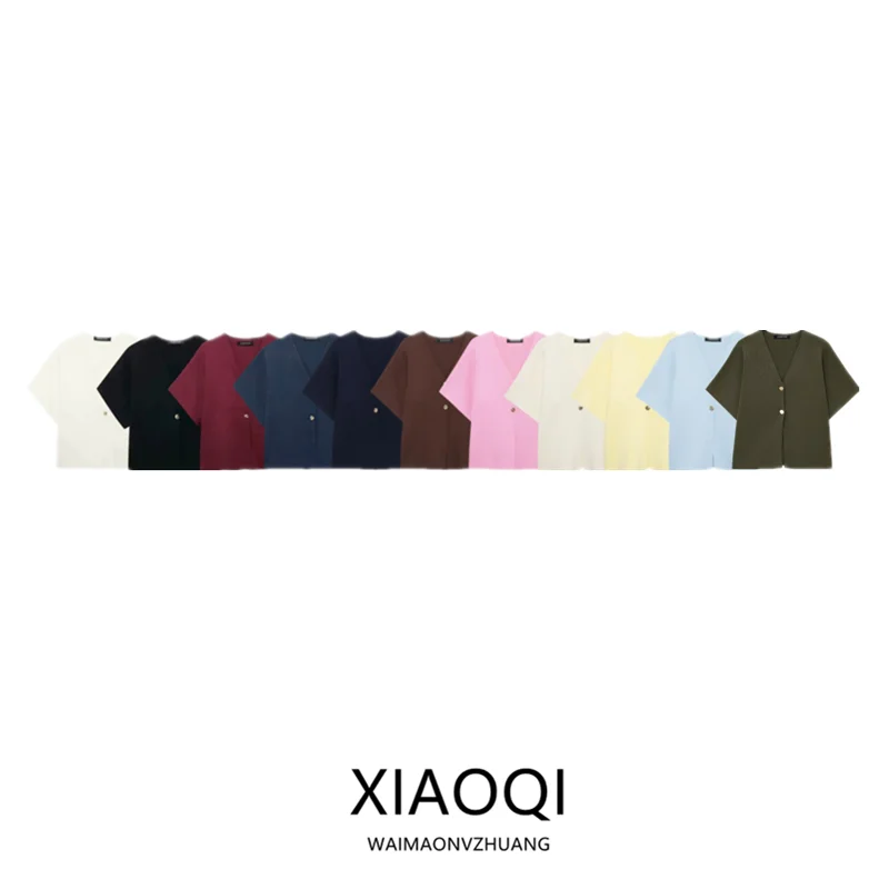 

Fall 2024 Women's Versatile Flat Needle ort Sve V-Ne Sport Knitted Jaet Comfortable Commute Sle Polyester Fiber