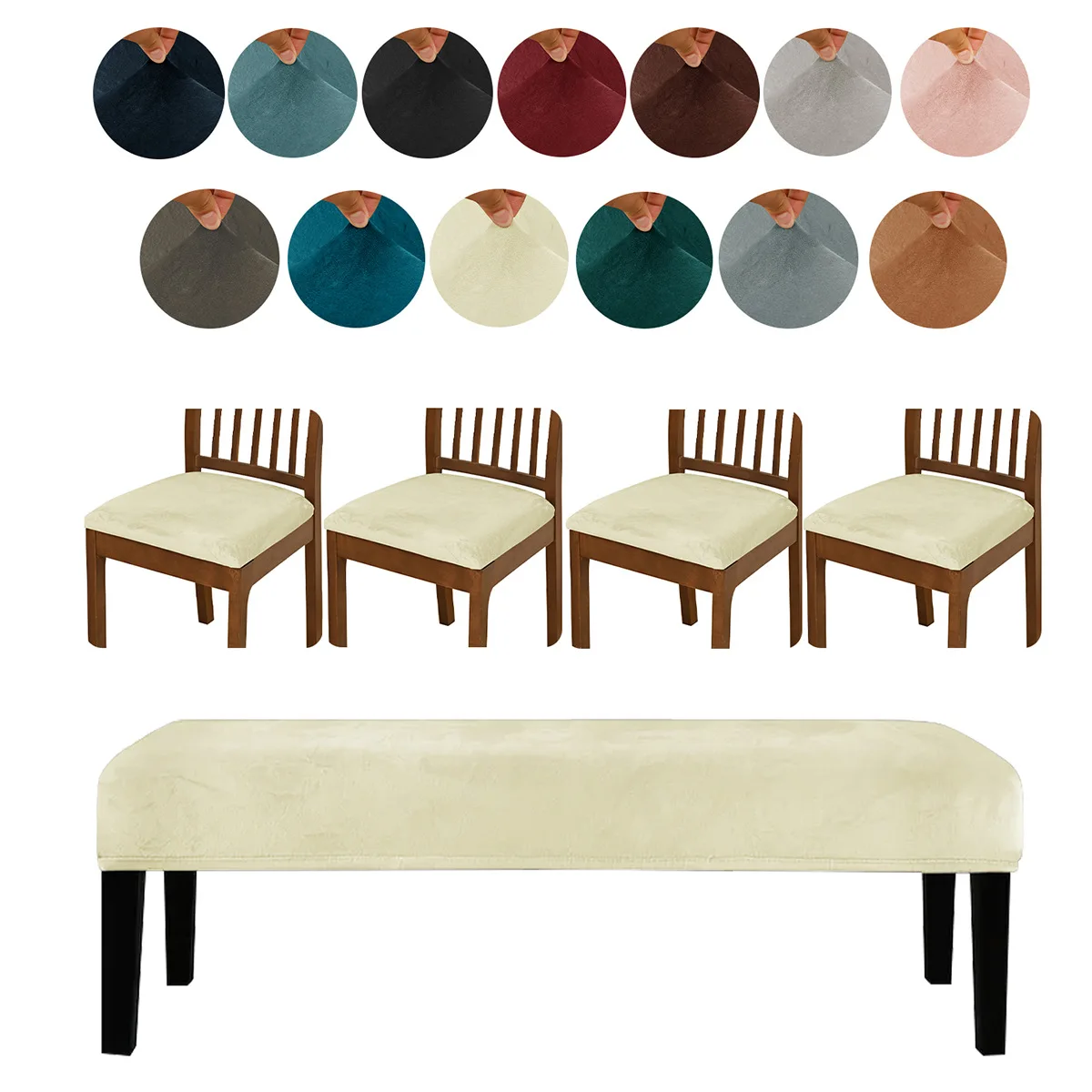 Home Solid Elastic Universal Stretch Velvet Bench Cover With Rope Anti Slip Universal Stool Cover Set Combination Chair Cover