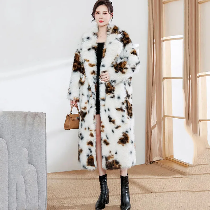 Damski płaszcz ze sztucznego futra w panterkę 2025 Nowy zimowy długi płaszcz z anty-łosia Wysokiej jakości luźny i modny pluszowy płaszcz z nadrukiem H615