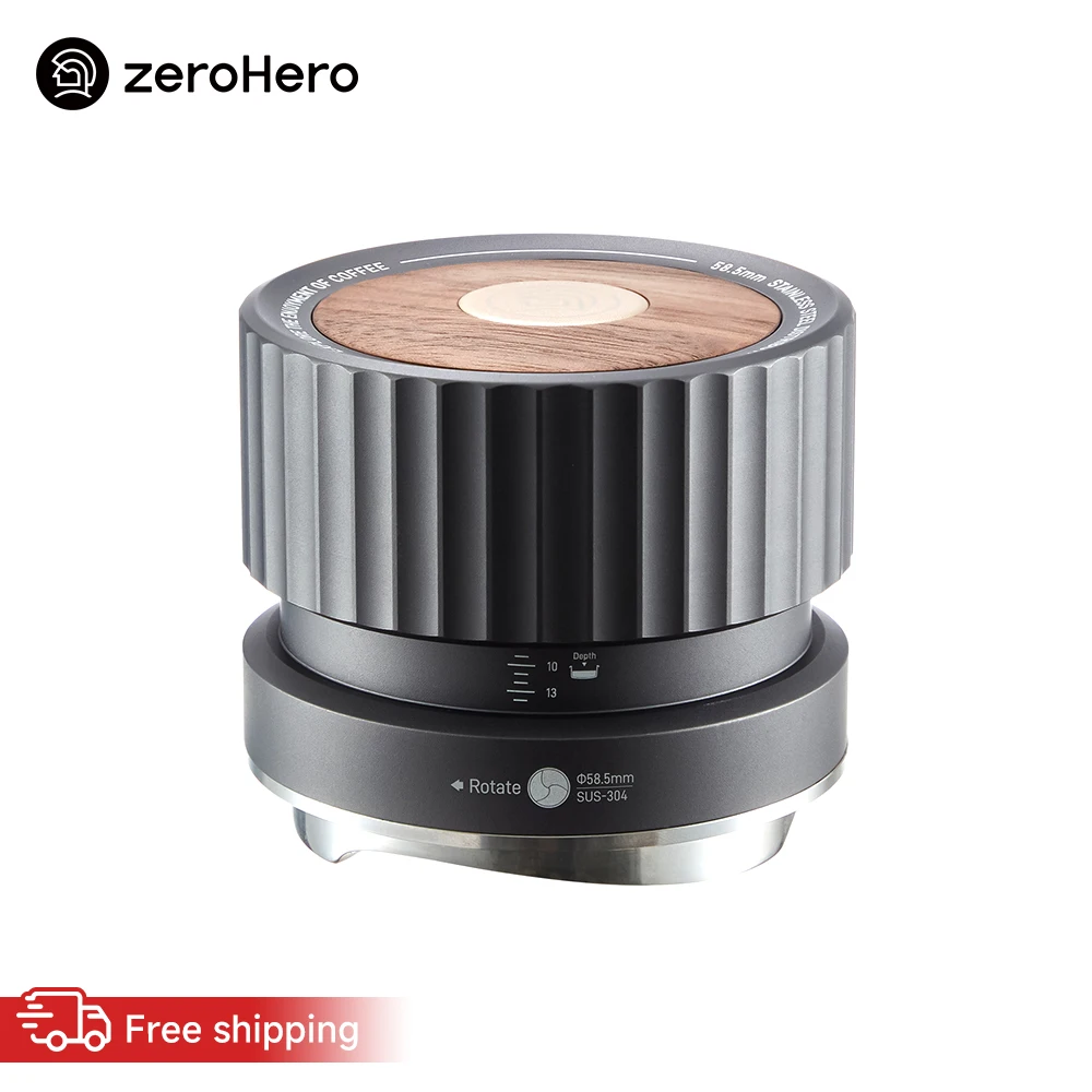 zeroHero Gravity Coffee Distributor 58.5mm Auto-Descend Walnut VortexBase Leveler AntiClog for Espresso Portafilter Home Barista