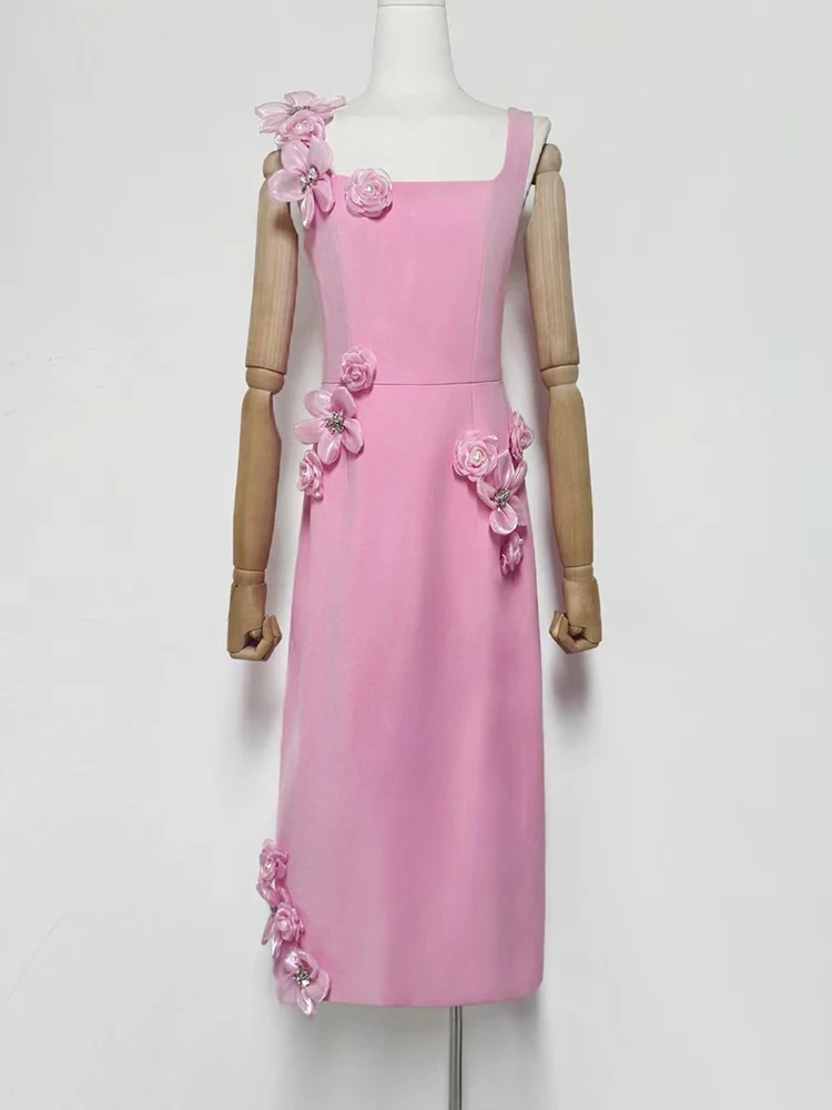 2025 summer women's new square collar three-dimensional beaded flower dinner suspender dress temperament swing A-line dress