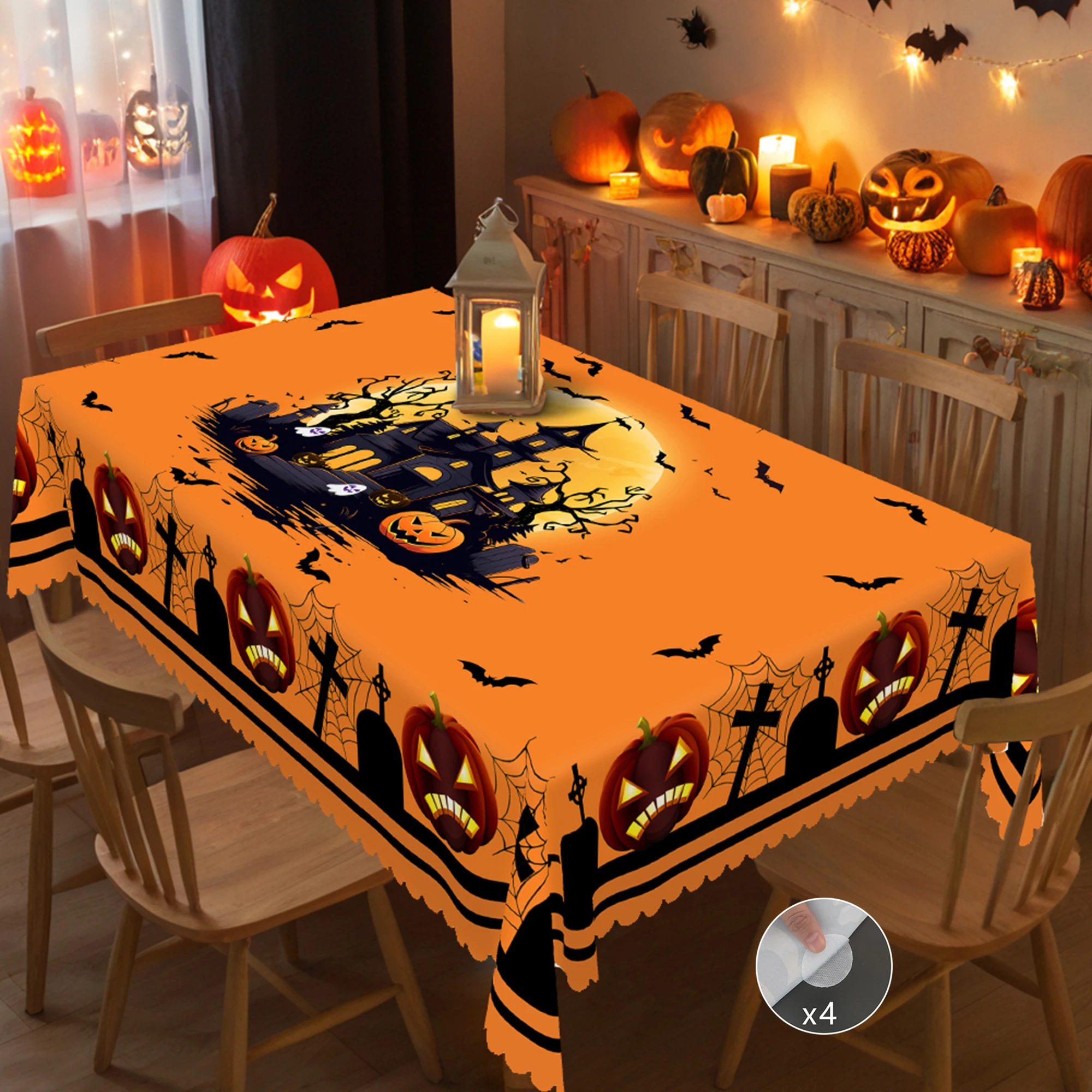 1 Halloween Themed Printed Tablecloth, Castle, Moon, Pumpkin, Ghost Pattern Design, Multiple Sizes Available, for Garden Party, Camping Style Decoration, Kitchen Accessories, Restaurant Terrace, Indoor and Outdoor Tablecloth, Perfect Gift for Friends