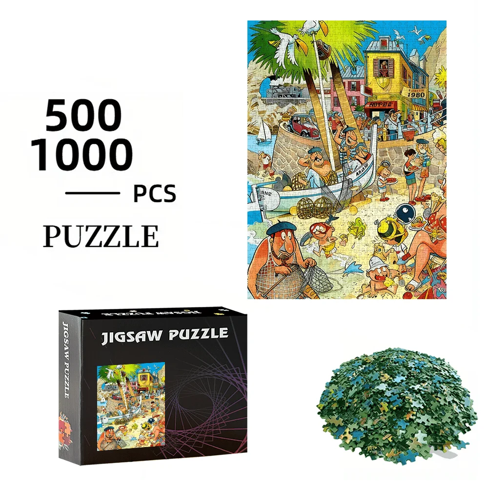 Puzzle de scène de dessin animé de ville côtière animée, jeu intellectuel amusant pour adultes et enfants, jouet de puzzle décoratif pour la maison et les loisirs