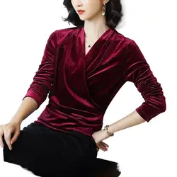 New Autunm women brand sexy long sleeve V-neck office blouse Korean style women Spring velour shirts  purple tops