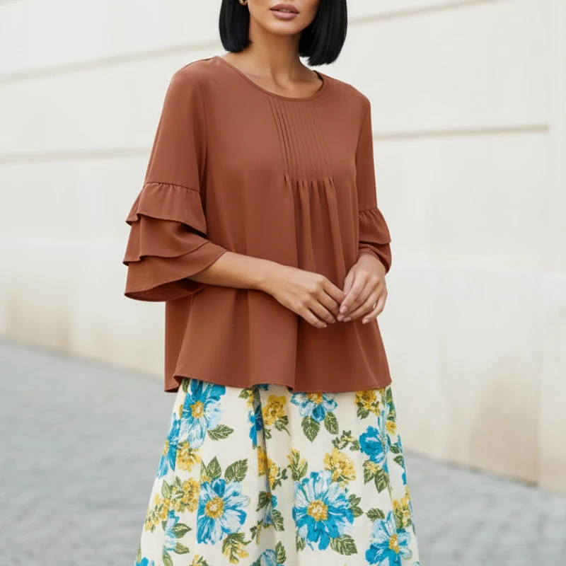 ZANZEA Casual Chic Damesblouses Lentemode Gelaagde Ruches Mouw O-hals Effen Kleur Tops Dagelijks gebruik Dameskleding 3XL