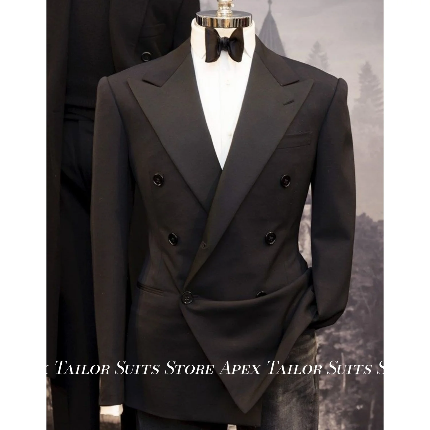 Elegant Vintage Black Men Tuxedo Blazer Double Breasted Peak Lapel Suit Coat Wedding Groom Interview Formal Prom Jacket