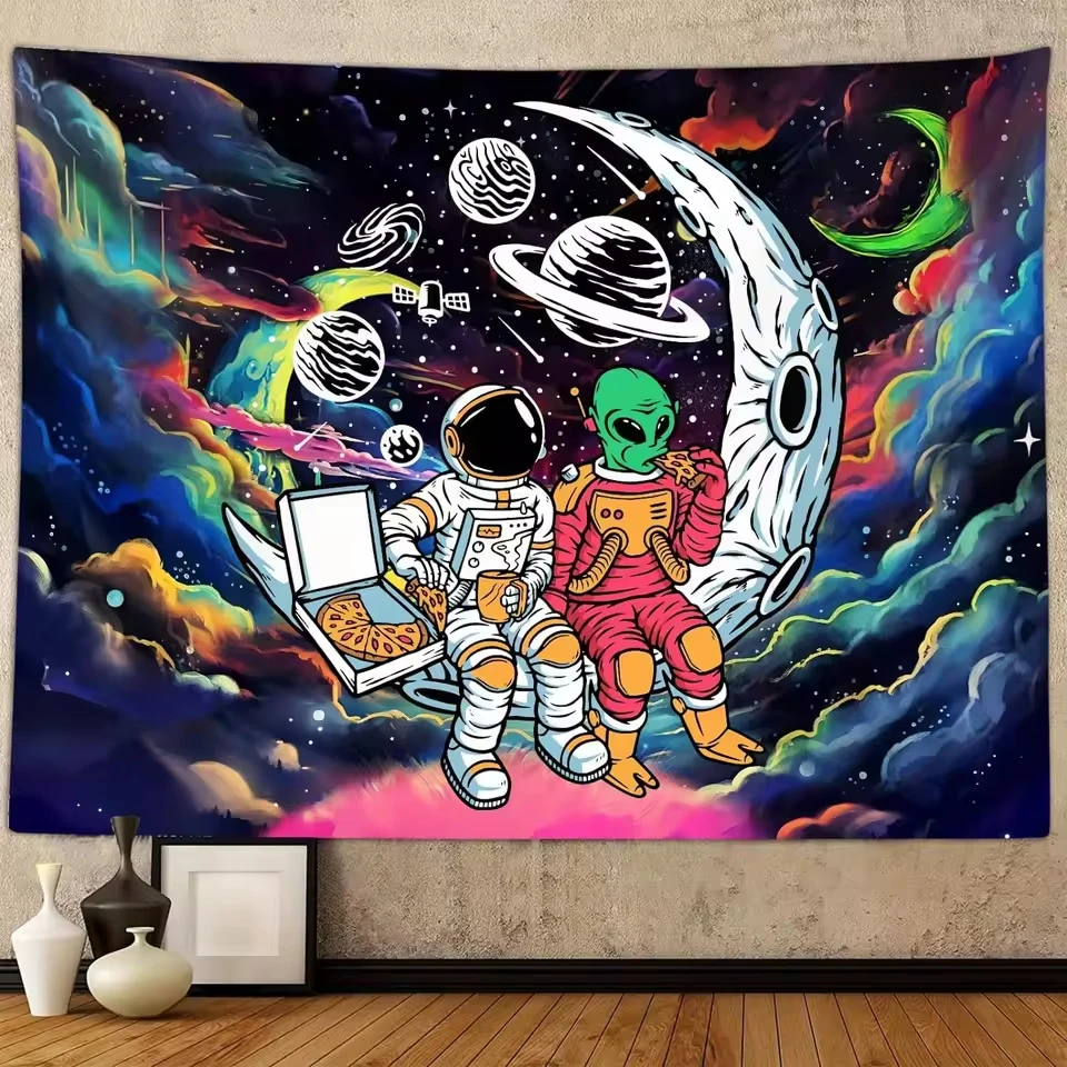 Neon Astronaut Alien Pizza Tapestry Psychedelic Galaxy Wall Hanging Funny Aesthetic Room Decor Z Generation Bedroom Decor