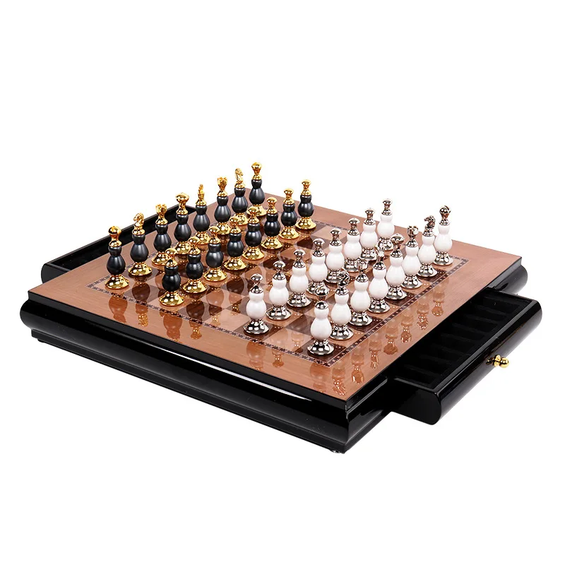 

Luxury Chess Set Gift Box Electroplate Zinc Alloy Chess Pieces Drawer Chessboard Metal Large Size Chess Game Set