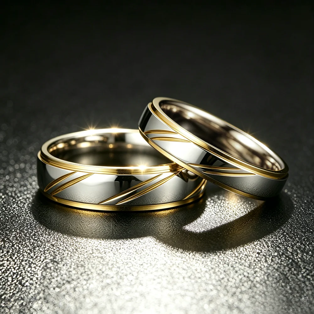 Trendy Stainless Steel Couple Rings For Men Women Unique Groove Wave Pattern Ring Wedding Party Jewelry Valentines Day Gifts